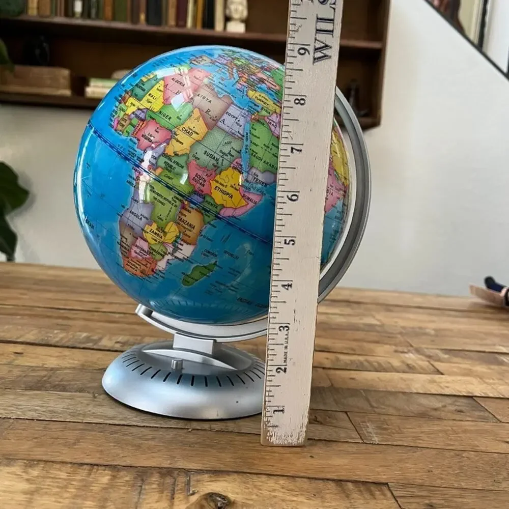 Light Up World Globe 9 in Silver Plastic Base Battery Operated